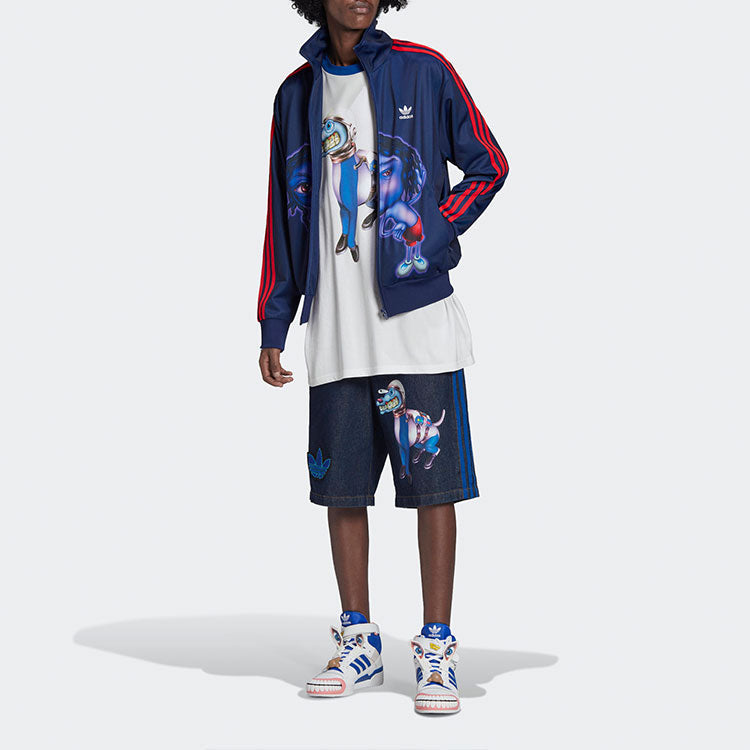 Men's adidas originals x Kerwin Frost Crossover Cartoon Printing Stripe Stand Collar logo Sports Jacket Blue H66305