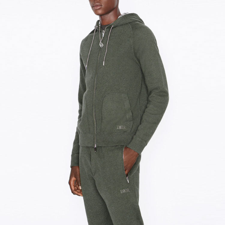 Men's DIOR SS22 Cashmere Blend Knit Material Hooded Sports Olive 113M221AT225-C688