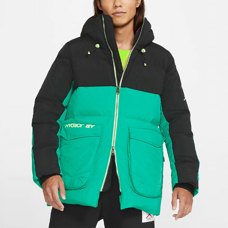 Air Jordan Casual Sports hooded Stay Warm Down Jacket Black Green Colorblock CK6662-011