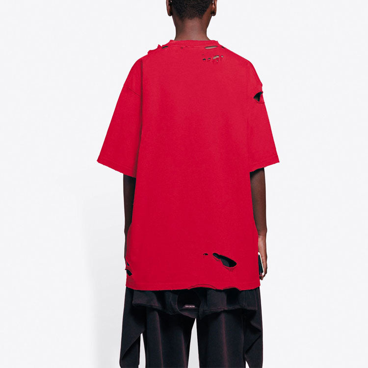Men's Balenciaga Alphabet Printing Pattern Hole Round Neck Short Sleeve Red 651795TKVB86295