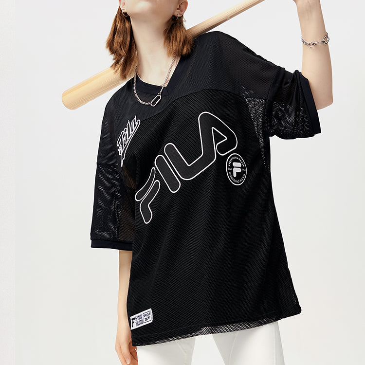 FILA FUSION Large Logo Mesh Breathable Short Sleeve Black T11W122112A-BK