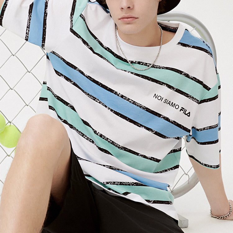 Men's FILA FUSION Contrasting Colors Stripe Loose Sports Short Sleeve Green White Colorblock T11M121108A-LB