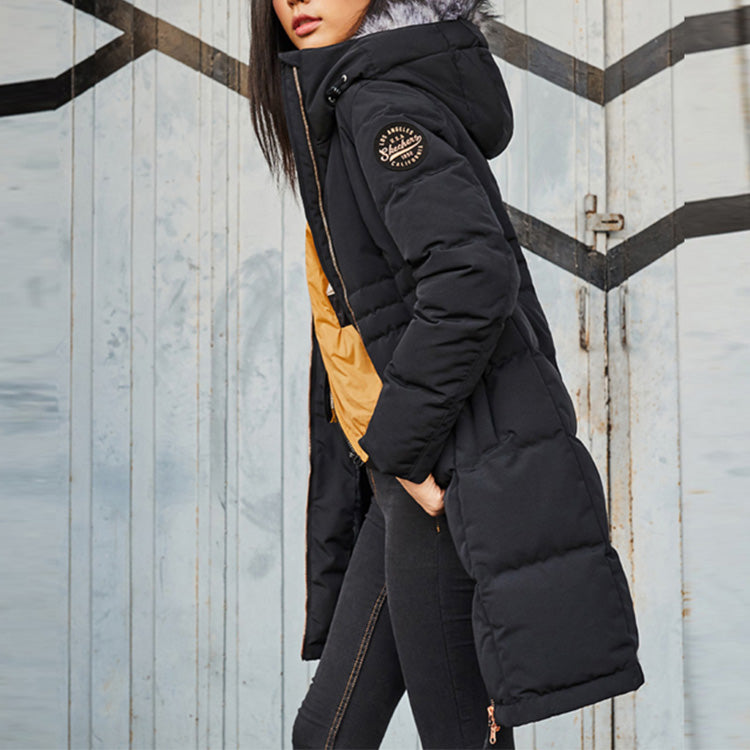 (WMNS) Skechers Long Waist-Drawstring Furry Hooded Down Jacket 'Black White' L419W046