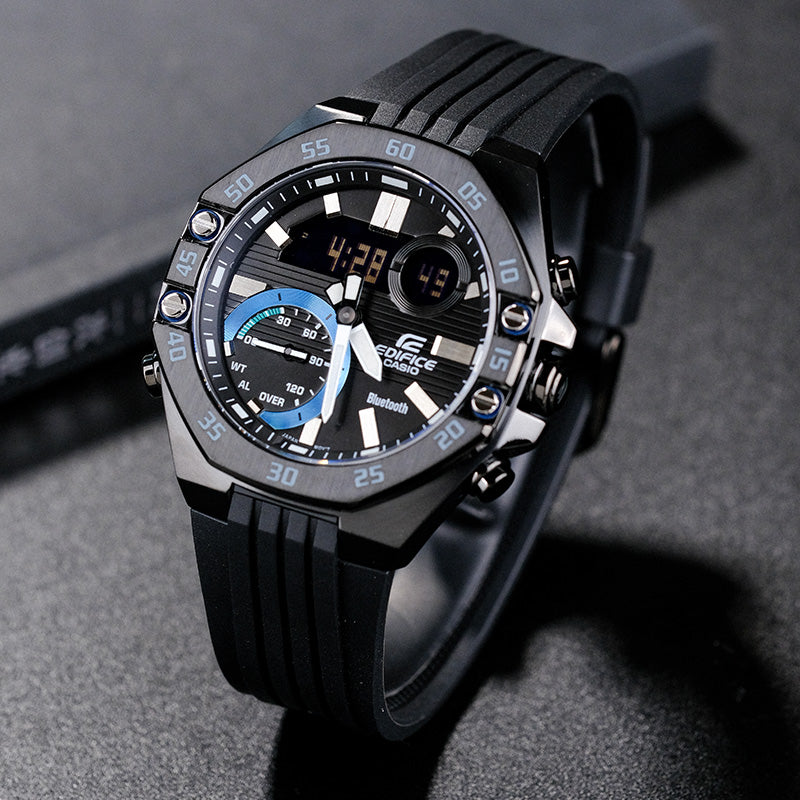 CASIO Bluetooth Waterproof EDIFICE Sports Sapphire Crystal Quartz Solar Powered Mens Black Analog/Digital Combo ECB-10YPB-1APR
