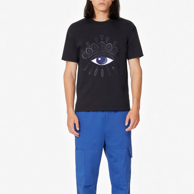 Men's KENZO Eye Embroidered Pattern Cotton Round Neck Short Sleeve Black FA5-5TS086-4YM-99