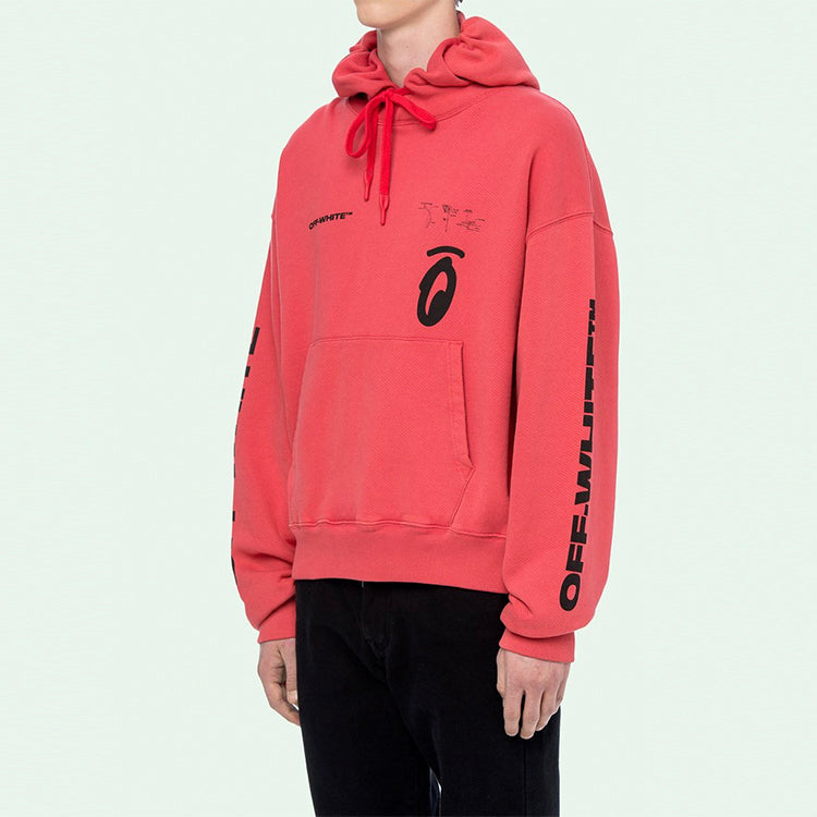 Off-White FW19 Splitted Arrows Oversized Graffiti Hooded Fleece Men Red OMBB037E19D250102010