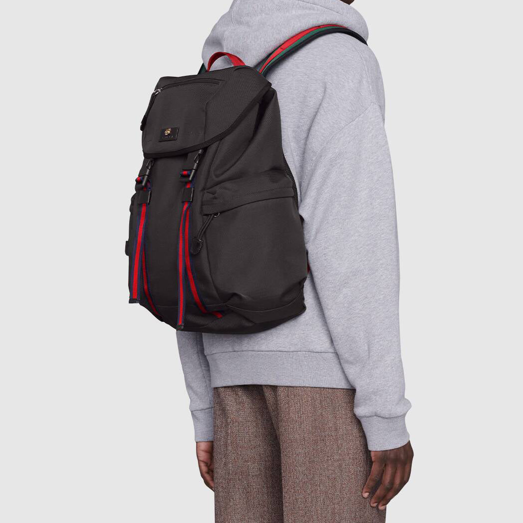 Gucci Metallic Tiger Head Leather Logo Stripe Webbing Canvas Large Capacity schoolbag Backpack Black Classic 429037-K1N1X-1072