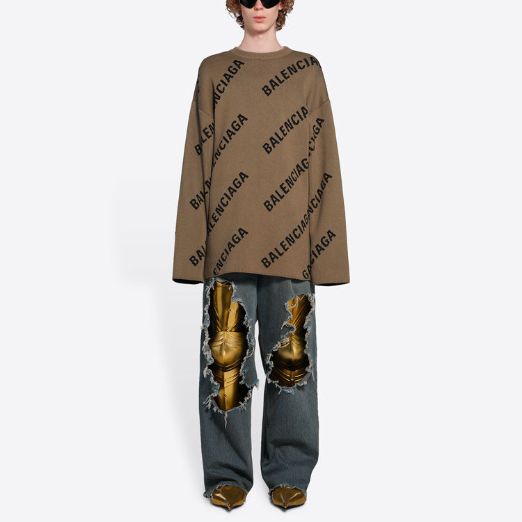 Balenciaga All Over Logo Crewneck Wool Knit Sweater 'Light Brown' 657401T32002900