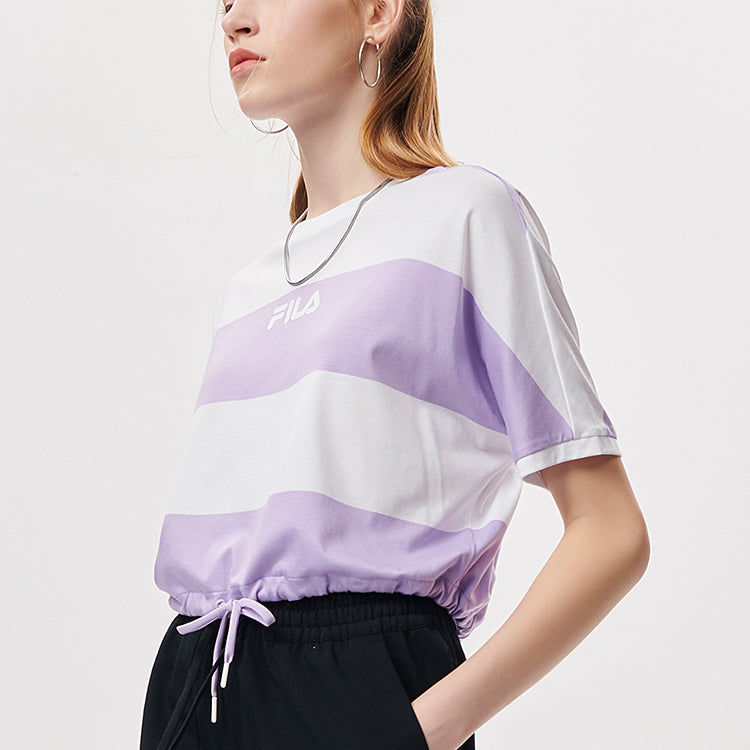 FILA FUSION Contrasting Colors Stripe Loose Round Neck Short Sleeve Lavender T-Shirt T11W135106F-VT