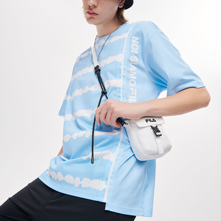Men's FILA FUSION Tie Dye Printing Irregular Splicing Loose Knit Short Sleeve Blue White T-Shirt T11M131105F-LB