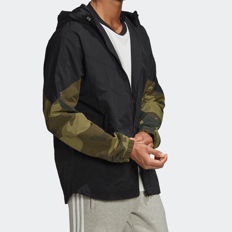 adidas originals Camo Wb Camouflage Splicing Sports hooded Windbreaker Jacket Black FM3359