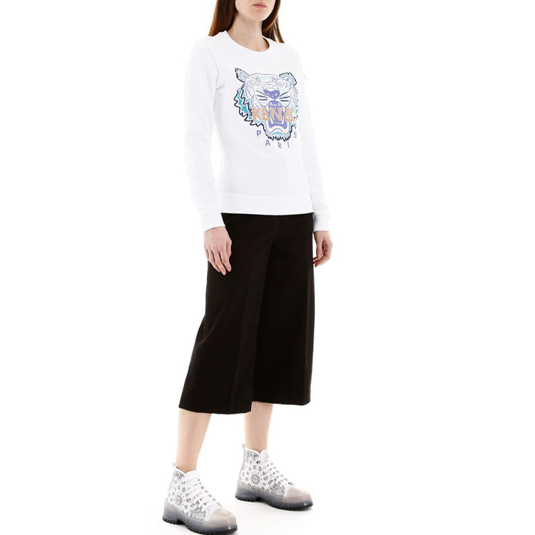 (WMNS) KENZO Tiger Head Round Neck Long Sleeves Hoodie White FA52SW7194U9-01