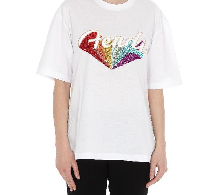 FENDI Sequin With Logo Short Sleeve White FS7011-A5HU-F0ZNM