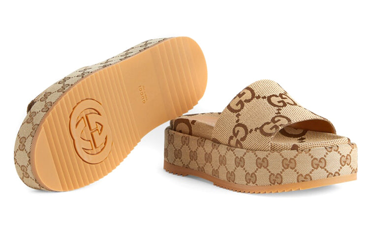 (WMNS) Gucci GG Lame Platform Slide Sandal 'Camel Monogram' 623212-UKO00-2580