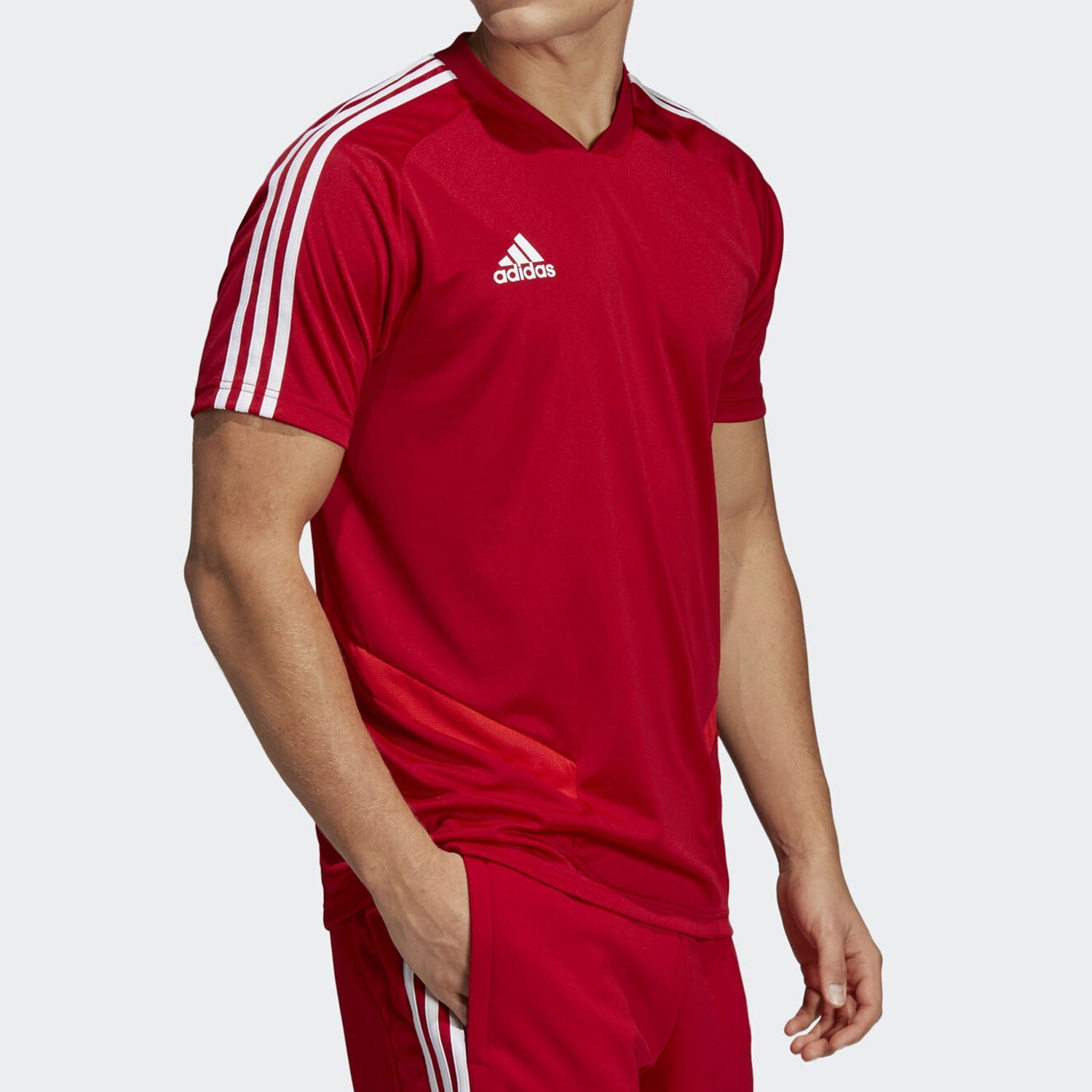 adidas Solid Color Logo Printing V neck Short Sleeve Red D95944
