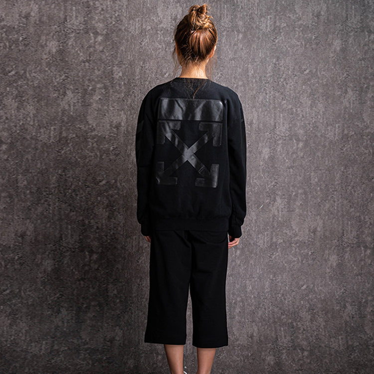 (WMNS) Off-White Casual Fleece Lined Logo Arrow Cotton Pullover Round Neck Black Hoodie OWBA046E19F300961010