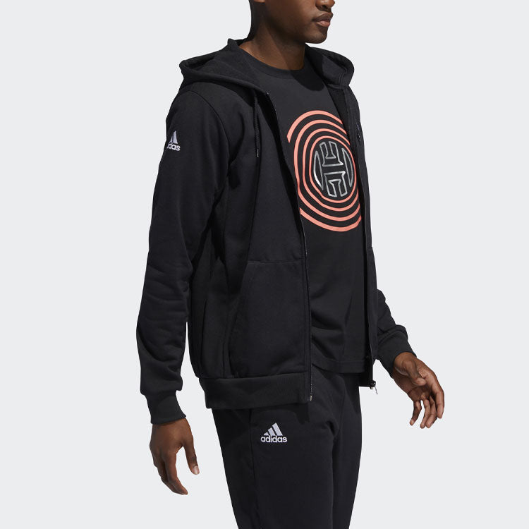 Men's adidas Logo Printing Sports Basketball Hooded Zipper Jacket Black DX6795