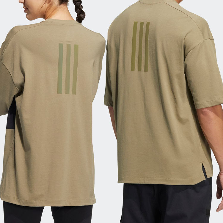 adidas Casual Breathable Sports Splicing Round Neck Short Sleeve Couple Style Khaki HE7353