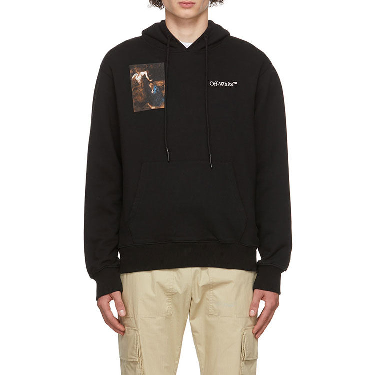 Men's Off-White Caravaggio Painting Character Alphabet Cotton Hooded Long Sleeves Pullover Black OMBB097S22FLE0011001