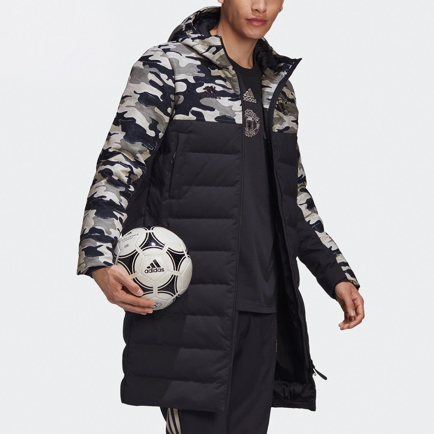 adidas Manchester United Embroidered mid-length Windproof Stay Warm hooded down Jacket Black FR3867