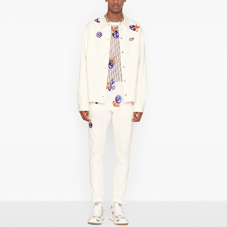 Men's DIOR x KENNY SCHARF Crossover FW21 Logo Printing Loose Round Neck Short Sleeve White 193J653A0702-C084