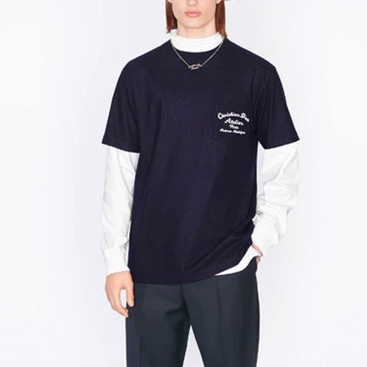 Men's DIOR SS22 Embroidered Plain Weave Knit Short Sleeve Navy Blue T-Shirt 213J637A0739-C583