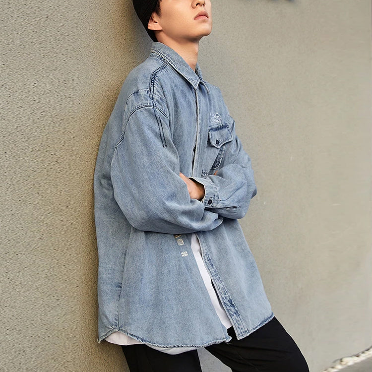 Li-Ning Skateboard Series Logo Embroidered Loose Washed Denim Shirt 'Light Blue' ASHS011-1