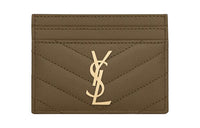 SAINT LAURENT Cow Leather Card Clip Card Holder Women's Khaki Green