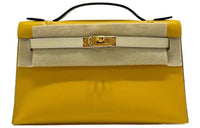 HERMES Mini Kelly Generation 1 Swift Leather Handbag Women's Amber Yellow With Creamy White