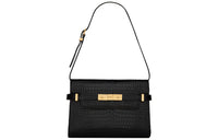 SAINT LAURENT MANHATTAN Crocodile Pattern Embossed Glossy Cow Leather Crossbody Bag Shoulder Bag Women's Black