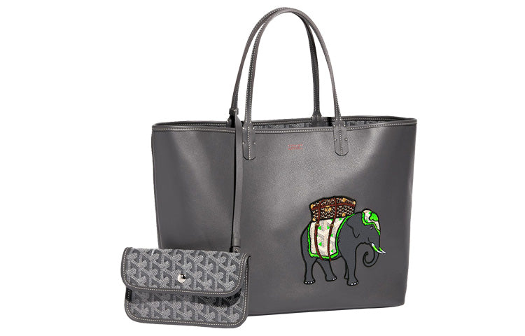 GOYARD Anjou Calfskin With Canvas Tote Bag Shopping Bag Handbag Small Size Women's Gray/Green