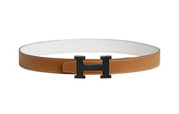 HERMES Elegant H Black Buckle Epsom Calfskin Double Sided Leather Belt Men's Brown Width 3.2CM