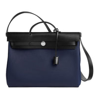 HERMES Herbag Canvas With Hunter Cow Leather Handbag Men's Marine Blue & Black