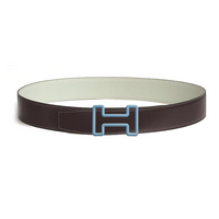 HERMES Calfskin Palladium-Plated Leather Belts Men's Brown/Green Width: 3.8CM
