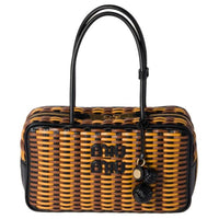 MIU MIU Calfskin Handbag Women's Black Cognac