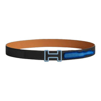 HERMES Calfskin Leather Belts Men's Black/Brown Width: 3.2CM