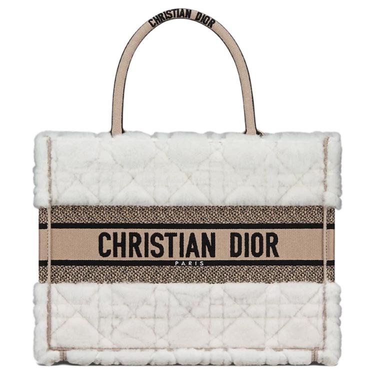 DIOR BookTote Lambskin With Shearling Tote Bag, Shopping Bag, Handbag Medium Size Women's Ecru