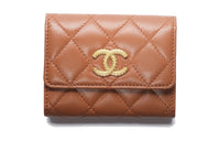 CHANEL Sheepskin Mouth Cover Card Holder Wallet Women's Light Brown