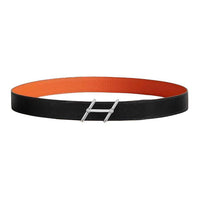 HERMES Calfskin Stainless Steel Leather Belts Men's Black Width: 3.2CM