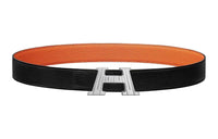 HERMES H Logo Design Smooth Buckle Leather Belts Men's Black/Orange Width: 3.2CM