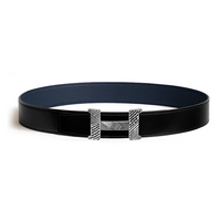 HERMES Calfskin Sterling Silver Leather Belts Men's Black/Blue Width: 3.8CM
