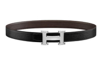 HERMES Elegant Elegance Shiny Silver Buckle Togo Calfskin Double Sided Leather Belt Women's Black Width  3.2cm