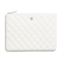 CHANEL Embossed Shiny Calfskin Clutch Women's White