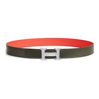 HERMES Calfskin Palladium Plated Metal Leather Belts Men's Green/Red Width  3.2CM