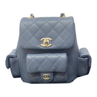 CHANEL Duma Grain Embossed Shiny Calfskin Backpack Small Size Women's Gray Blue