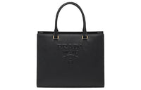 PRADA Cross-Stitch Leather Tote Bag Shopping Bag Handbag Medium Size Women's Black