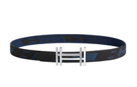 HERMES Block H Silver Buckle Nylon Mesh Double-Sided Belt Men's Black/Indigo Width: 3.2cm