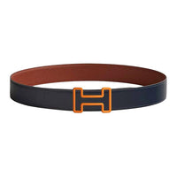 HERMES Calfskin Stainless Steel Rubber Leather Belts Men's Blue Width: 3.8CM