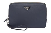 PRADA Saffiano Leather Clutch Men's Sea Blue