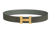 HERMES Double-Sided Light Gold Buckle Epsom Calfskin Double-Sided Leather Belt Men's Gray Green Width: 3.8cm